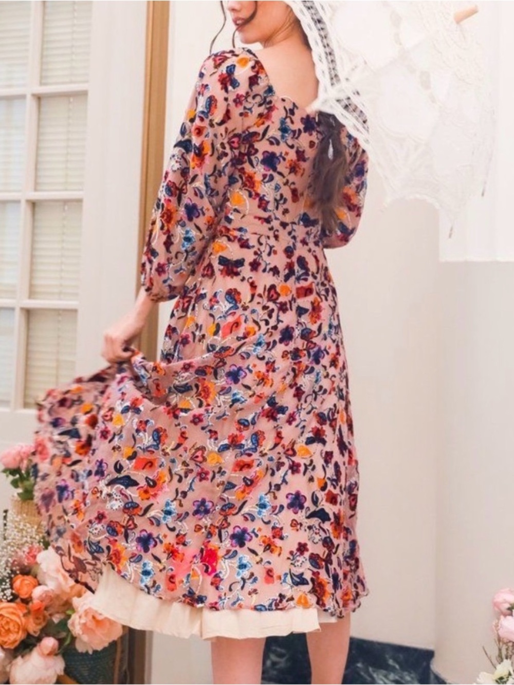 Ivy City Co Pink Floral Long Puff Sleeve Midi Sweetheart Dress Velvet Embroidery